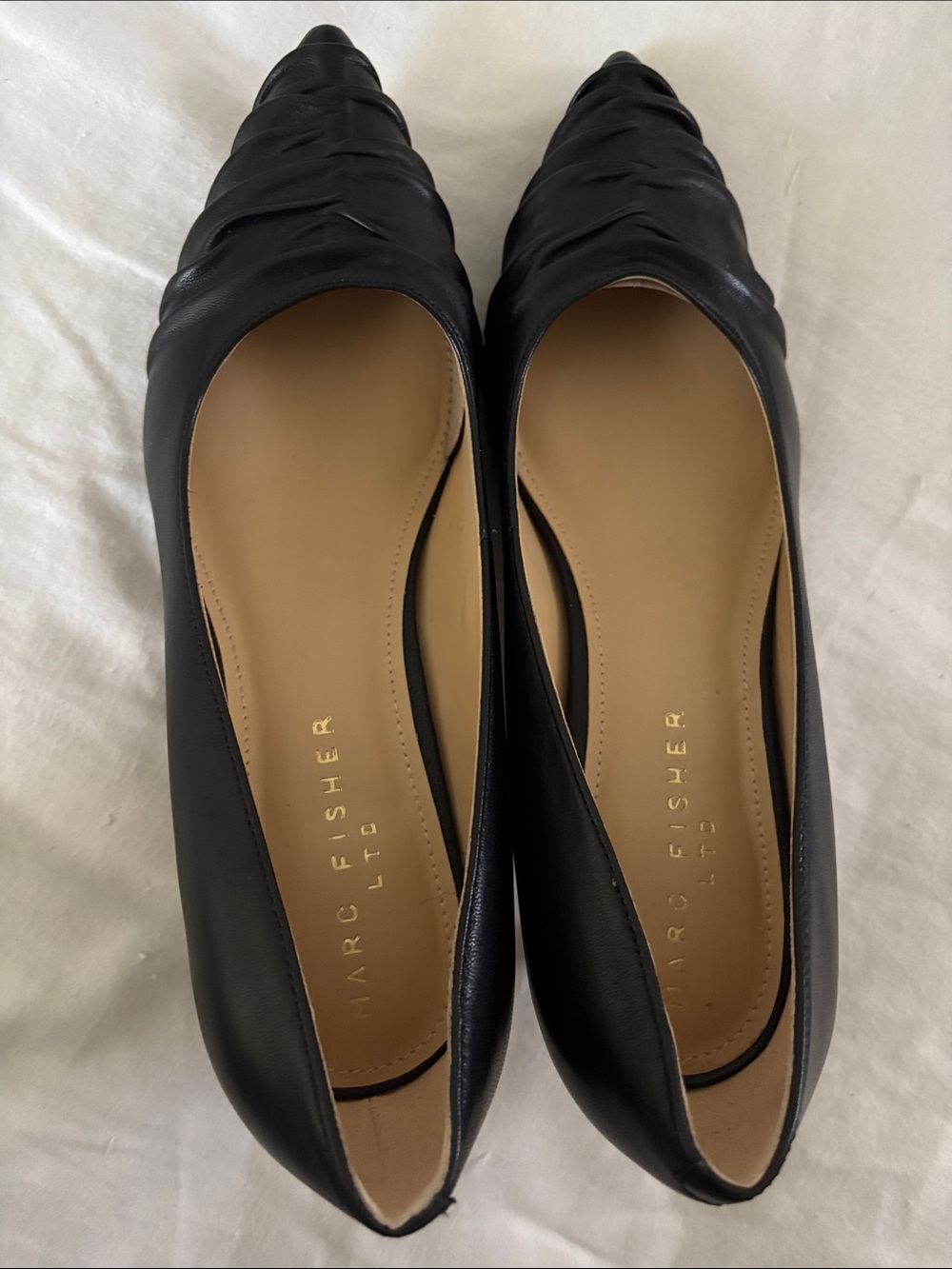 Marc Fisher Black Ruched Pointed Leather Flats NWOT